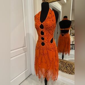 Elegant Orange hand beaded Halter Dress